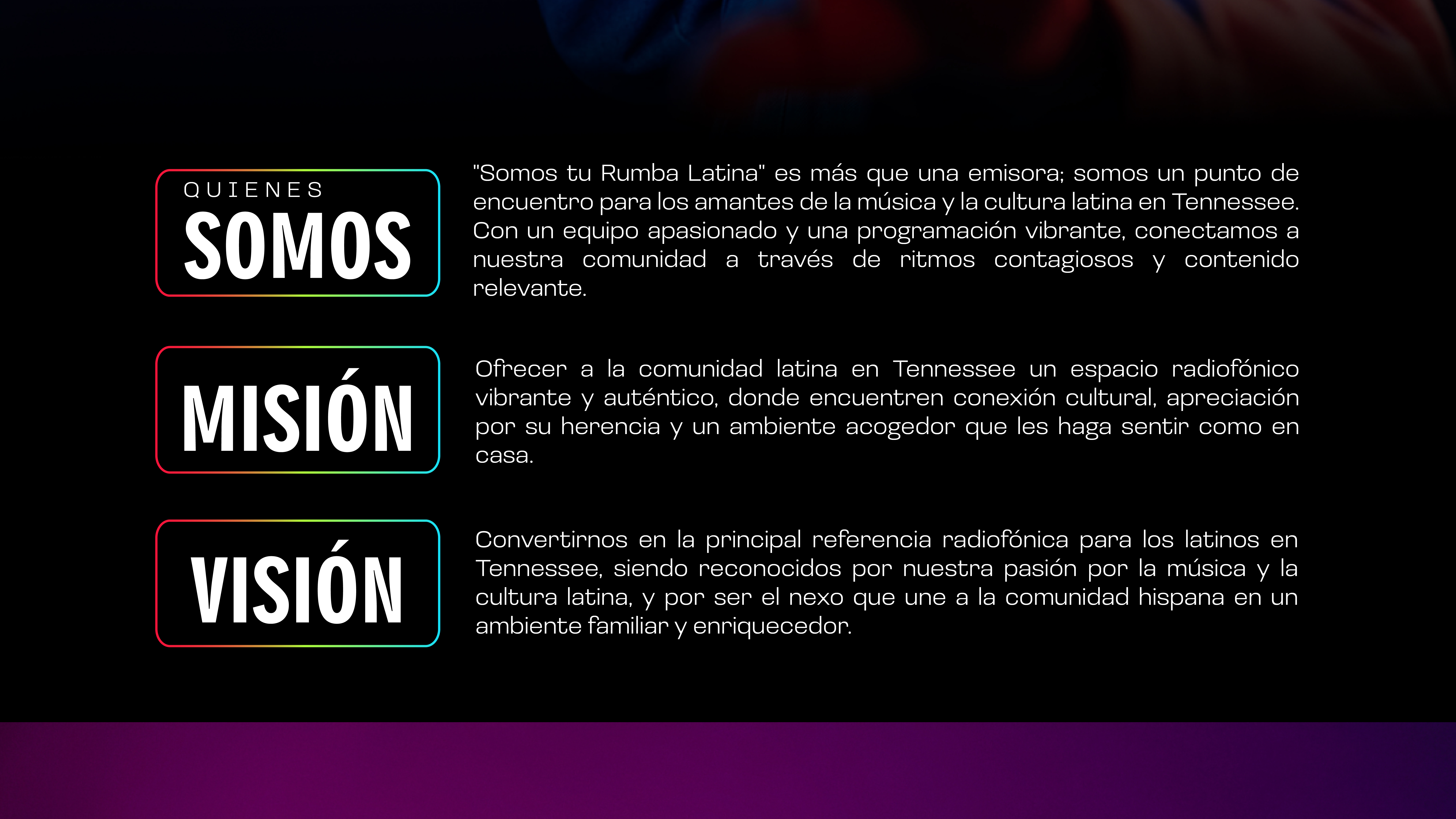 "TuRumbaLatina es la radio latina número 1 en Nashville, Tennessee, ofreciendo la mejor música y contenido cultural latino. Conéctate a los ritmos más vibrantes y disfruta de un ambiente familiar y acogedor. ¡Sintoniza TuRumbaLatina y sé parte de la comunidad latina más vibrante de Tennessee!"