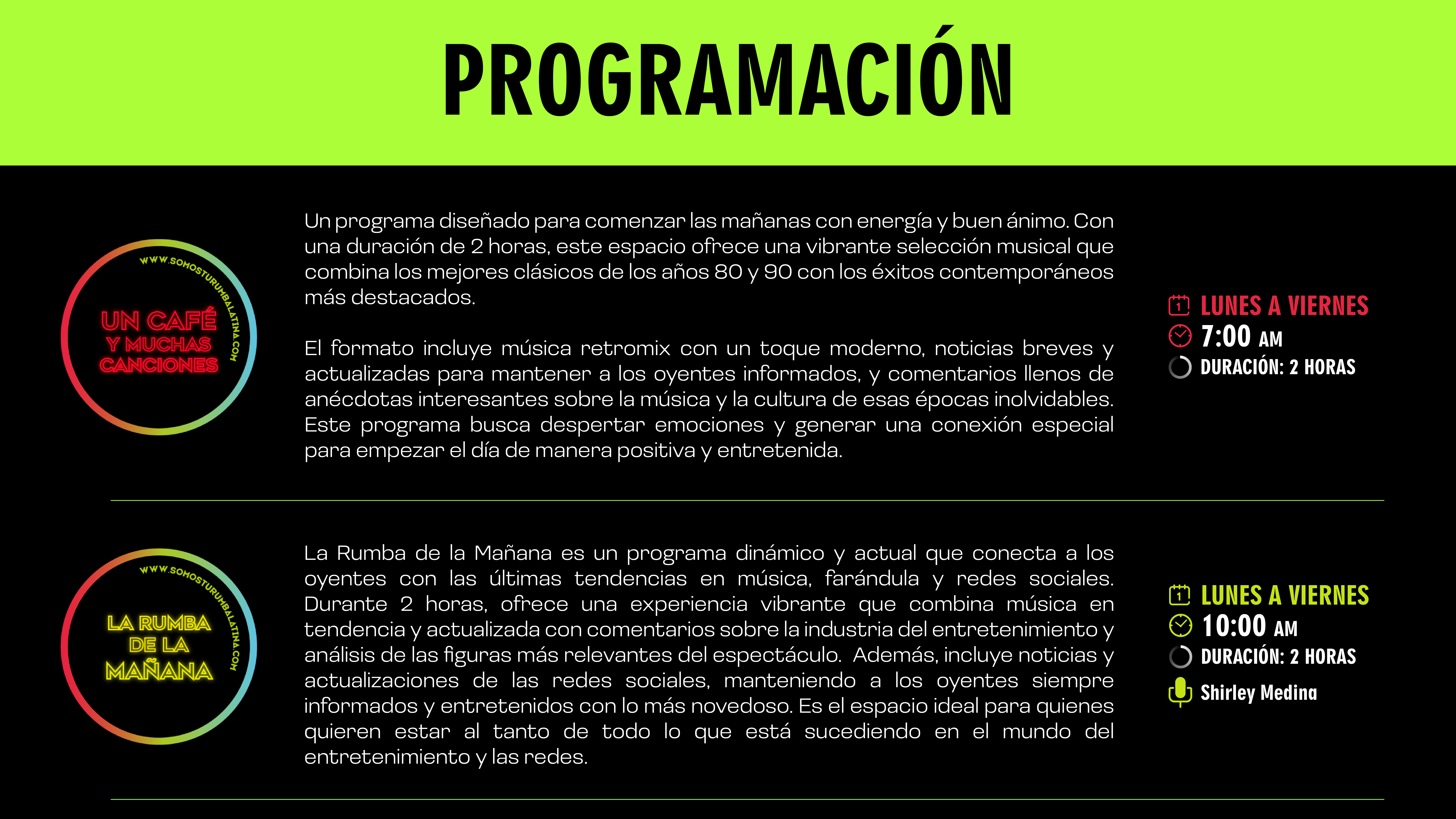 TuRumbaLatina – La radio latina #1 en Nashville, Tennessee. Disfruta cada mañana con “Un Café y Muchas Canciones” y “La Rumba de la Mañana”, programas que combinan música retro, noticias, entretenimiento y cultura para comenzar tu día con energía y conexión. Escúchanos de lunes a viernes y vive la experiencia vibrante de la comunidad hispana en un solo lugar.
